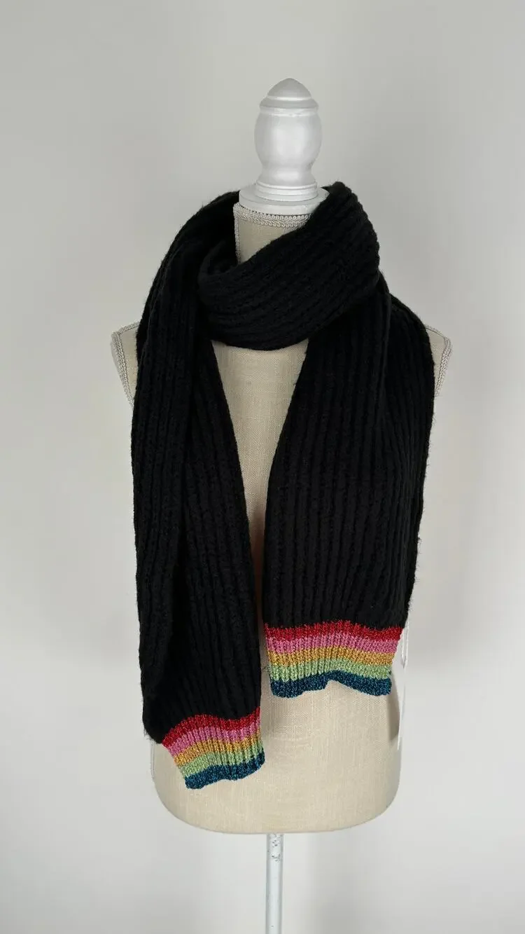 Black Metallic Rainbow Ribbed Knit Scarf New